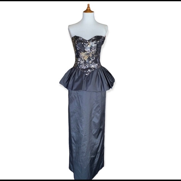Vintage 80s Black Satin Dress Silver Sequins Peplum Size Medium - Picture 1 of 7